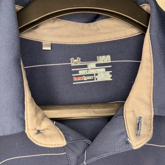 Under Armour Polo Shirt Mens Large Navy Blue Excellent Pink Ribbon Striped - Picture 4 of 7